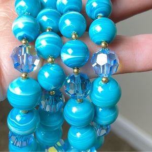 Beach Party Blue & White Swirled Double Strand Beaded Necklace - Vintage Estate